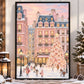 Pink Christmas Village Canvas Painting, Snowy Paris Street Christmas Tree Wall Art Decor, Xmas Poster Gift