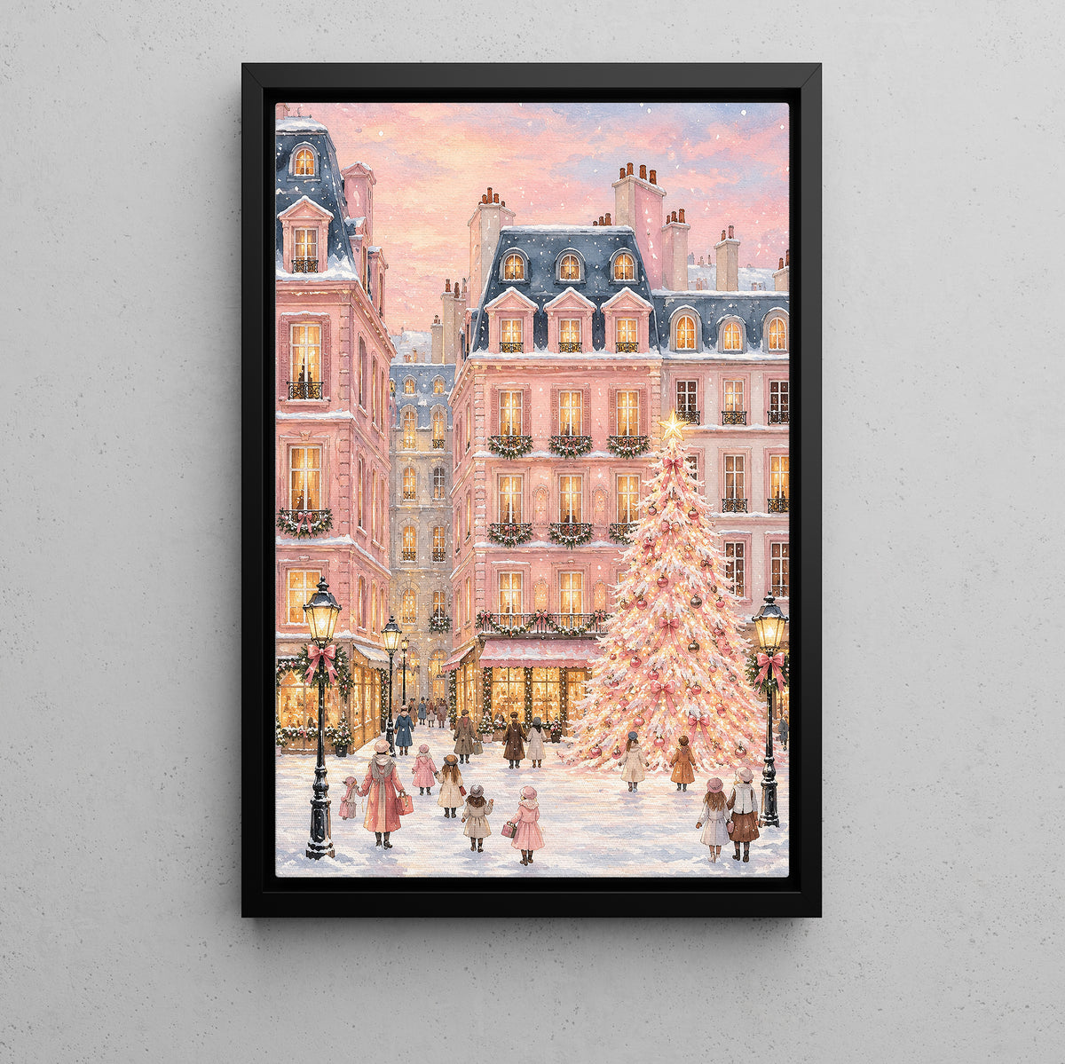 Pink Christmas Village Canvas Painting, Snowy Paris Street Christmas Tree Wall Art Decor, Xmas Poster Gift