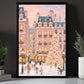 Pink Christmas Village Canvas Painting, Snowy Paris Street Christmas Tree Wall Art Decor, Xmas Poster Gift