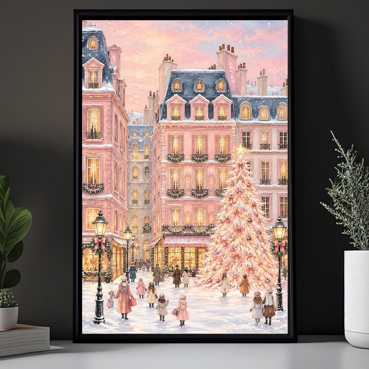 Pink Christmas Village Canvas Painting, Snowy Paris Street Christmas Tree Wall Art Decor, Xmas Poster Gift