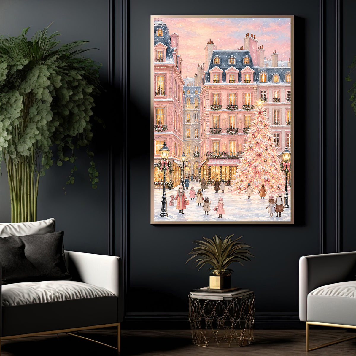 Pink Christmas Village Canvas Painting, Snowy Paris Street Christmas Tree Wall Art Decor, Xmas Poster Gift