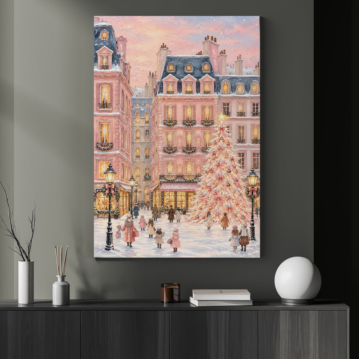Pink Christmas Village Canvas Painting, Snowy Paris Street Christmas Tree Wall Art Decor, Xmas Poster Gift