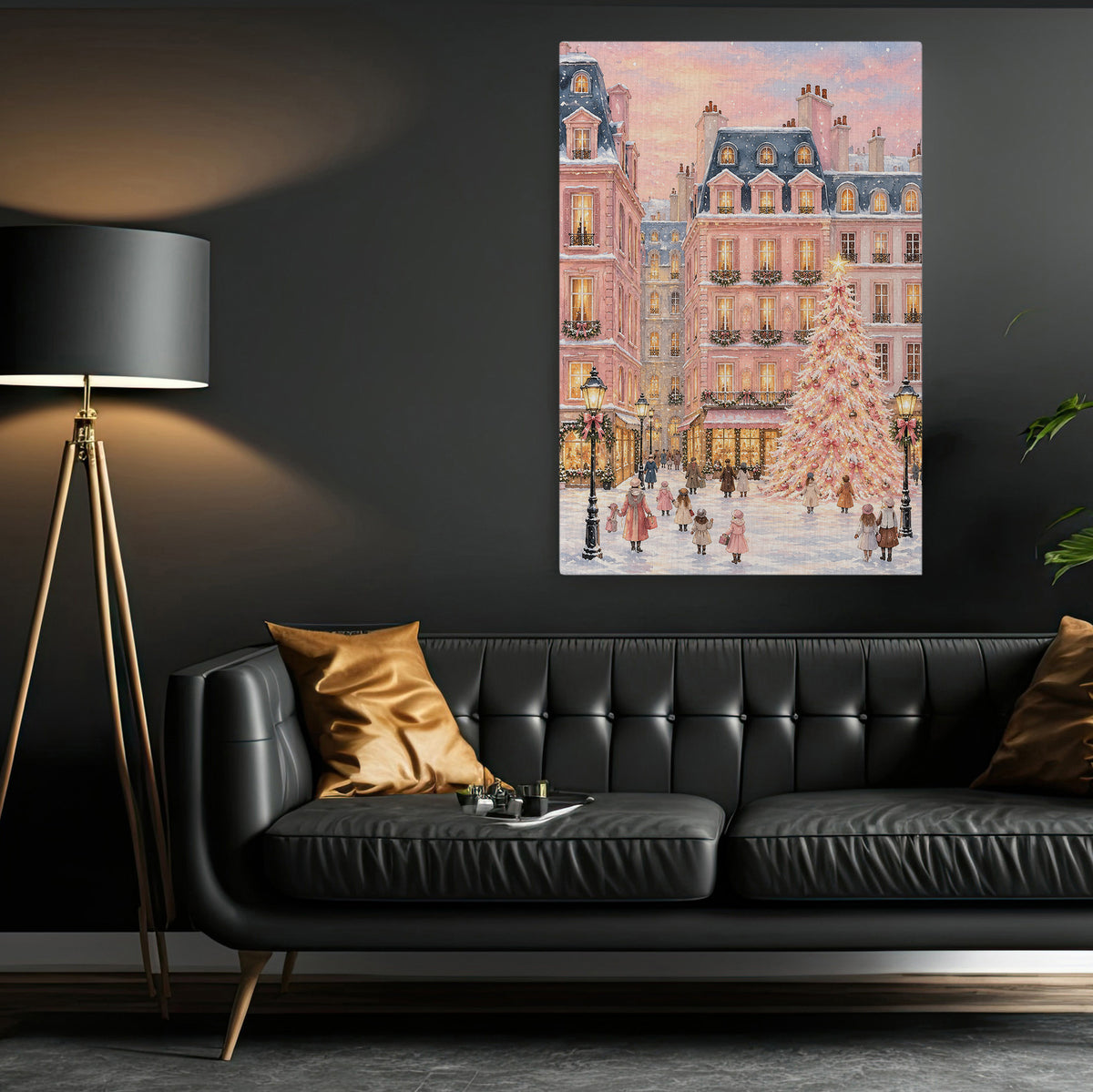 Pink Christmas Village Canvas Painting, Snowy Paris Street Christmas Tree Wall Art Decor, Xmas Poster Gift