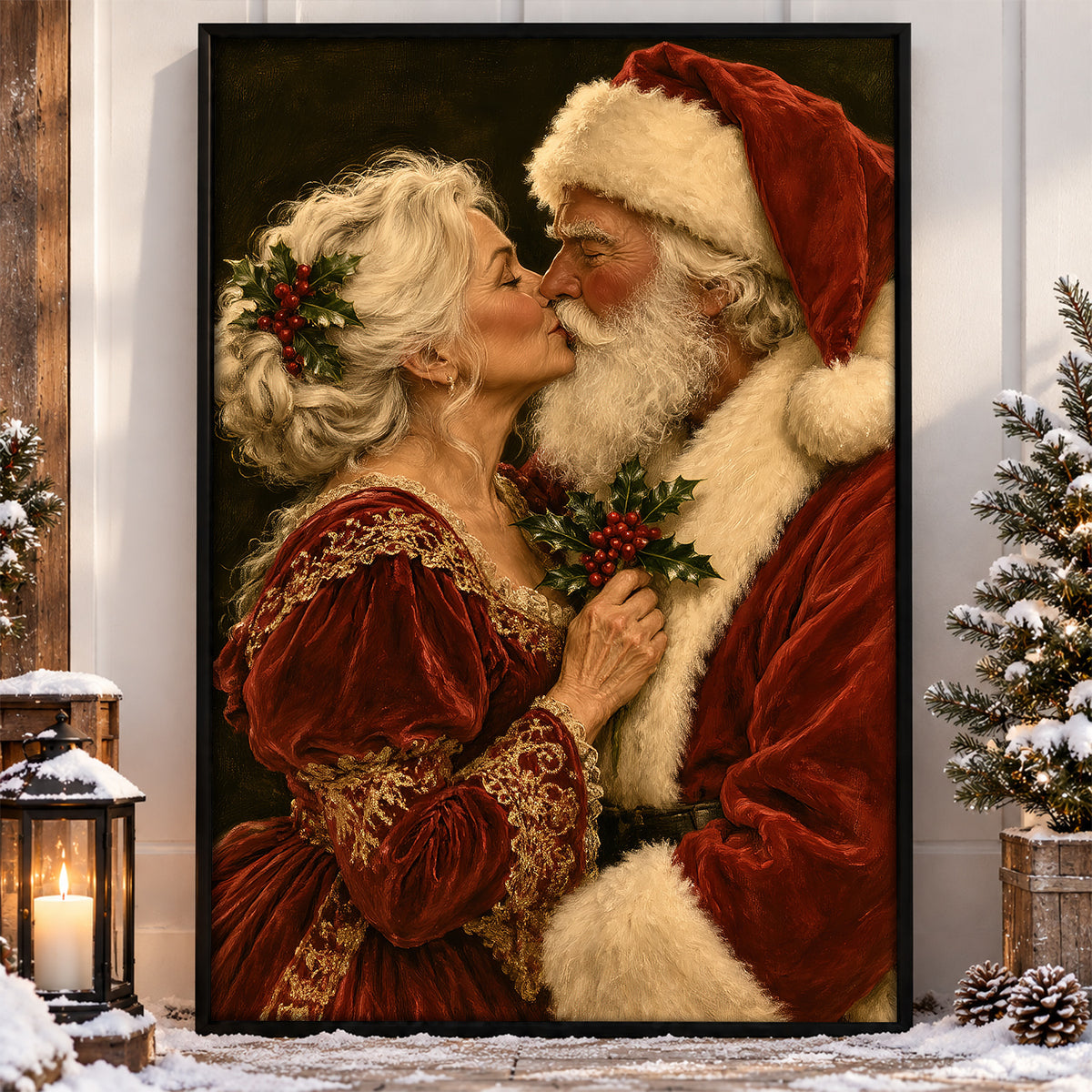 Romantic Christmas Couple Canvas Painting, Santa And Mrs Claus Kissing Wall Art Decor, Xmas Poster Gift For Couple
