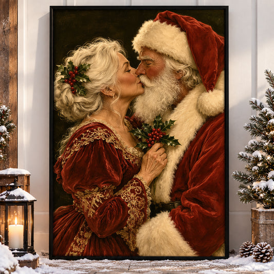 Romantic Christmas Couple Canvas Painting, Santa And Mrs Claus Kissing Wall Art Decor, Xmas Poster Gift For Couple