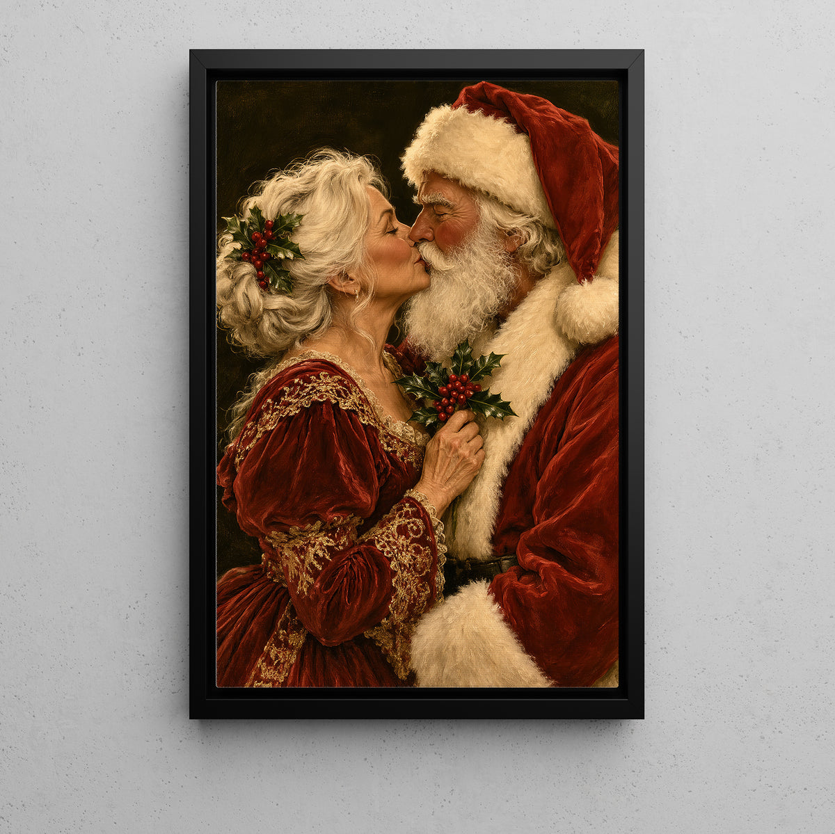 Romantic Christmas Couple Canvas Painting, Santa And Mrs Claus Kissing Wall Art Decor, Xmas Poster Gift For Couple