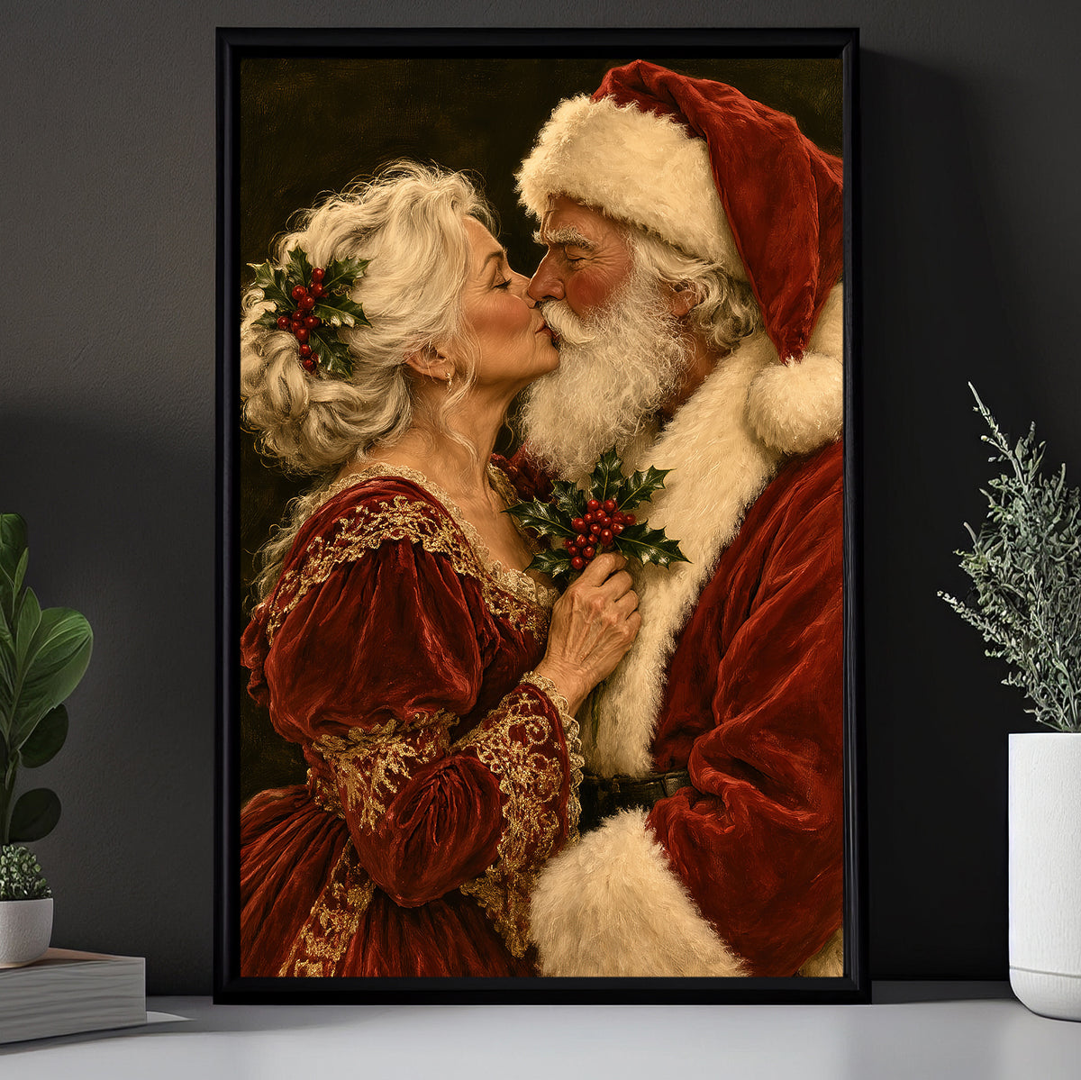 Romantic Christmas Couple Canvas Painting, Santa And Mrs Claus Kissing Wall Art Decor, Xmas Poster Gift For Couple