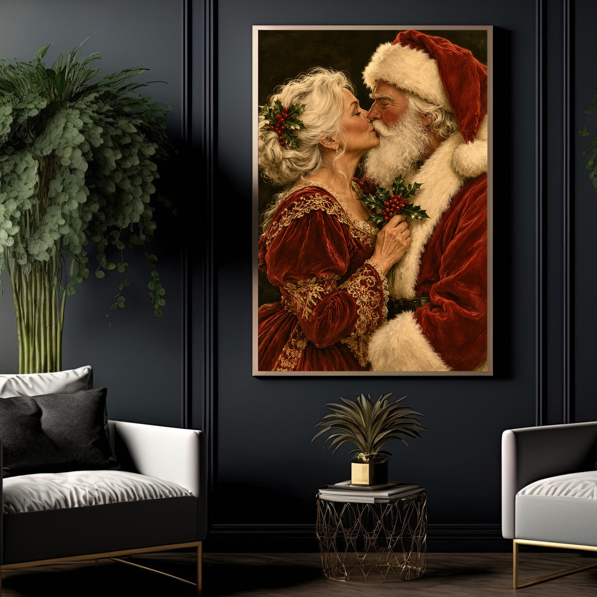 Romantic Christmas Couple Canvas Painting, Santa And Mrs Claus Kissing Wall Art Decor, Xmas Poster Gift For Couple