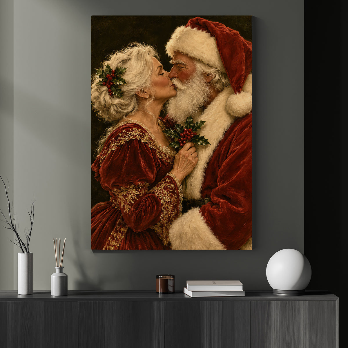Romantic Christmas Couple Canvas Painting, Santa And Mrs Claus Kissing Wall Art Decor, Xmas Poster Gift For Couple