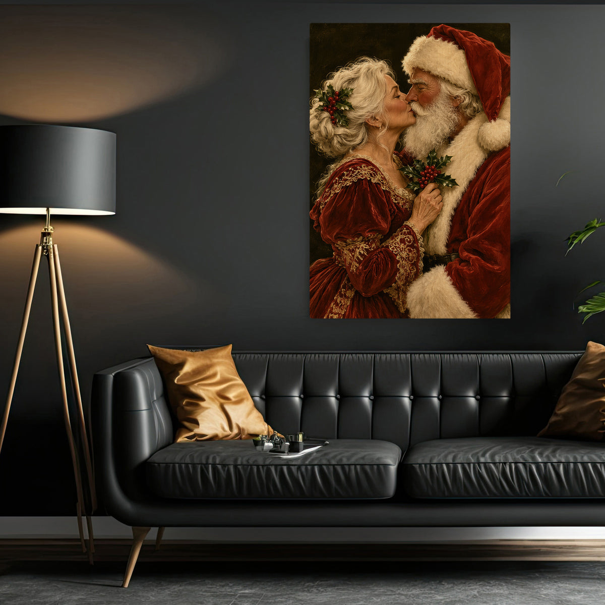 Romantic Christmas Couple Canvas Painting, Santa And Mrs Claus Kissing Wall Art Decor, Xmas Poster Gift For Couple