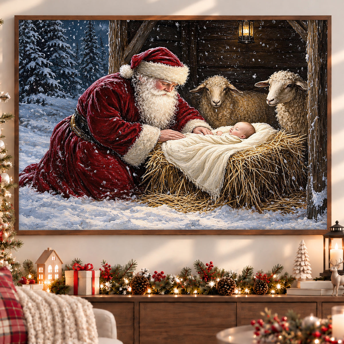 Christmas Nativity Manger Scene Canvas Painting, Santa Kneeling Before Baby Jesus Christmas Wall Art Decor, Xmas Poster Gift