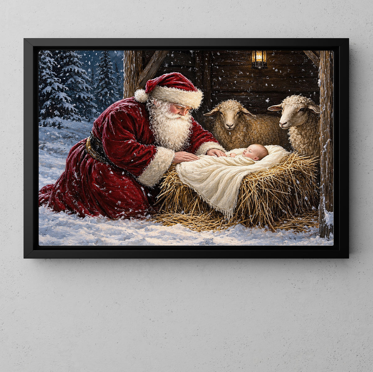 Christmas Nativity Manger Scene Canvas Painting, Santa Kneeling Before Baby Jesus Christmas Wall Art Decor, Xmas Poster Gift