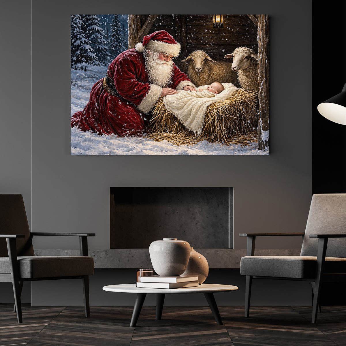 Christmas Nativity Manger Scene Canvas Painting, Santa Kneeling Before Baby Jesus Christmas Wall Art Decor, Xmas Poster Gift