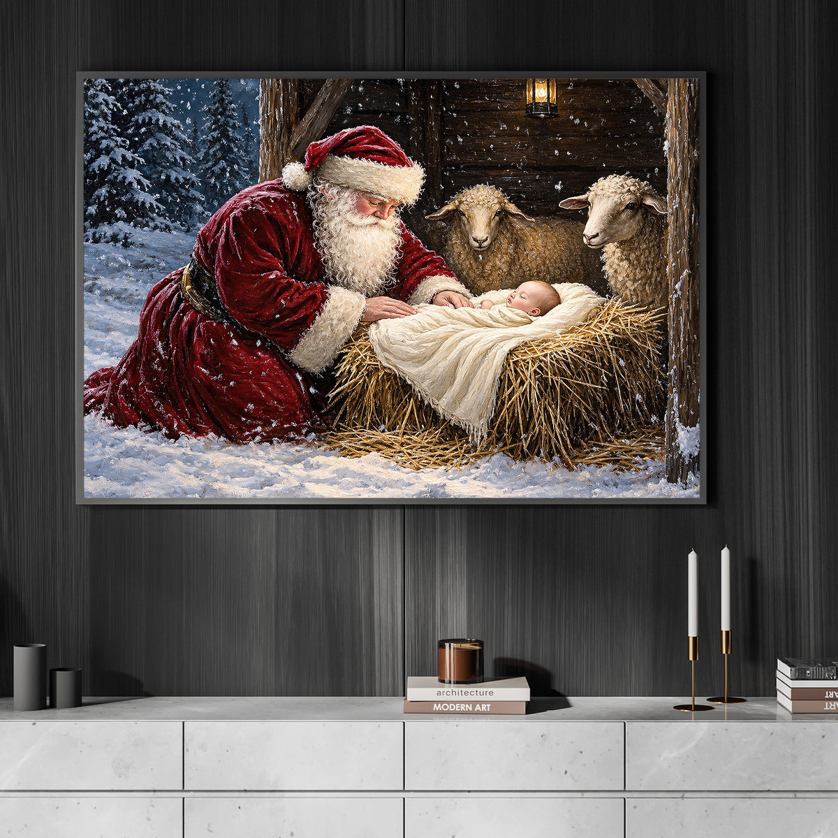 Christmas Nativity Manger Scene Canvas Painting, Santa Kneeling Before Baby Jesus Christmas Wall Art Decor, Xmas Poster Gift