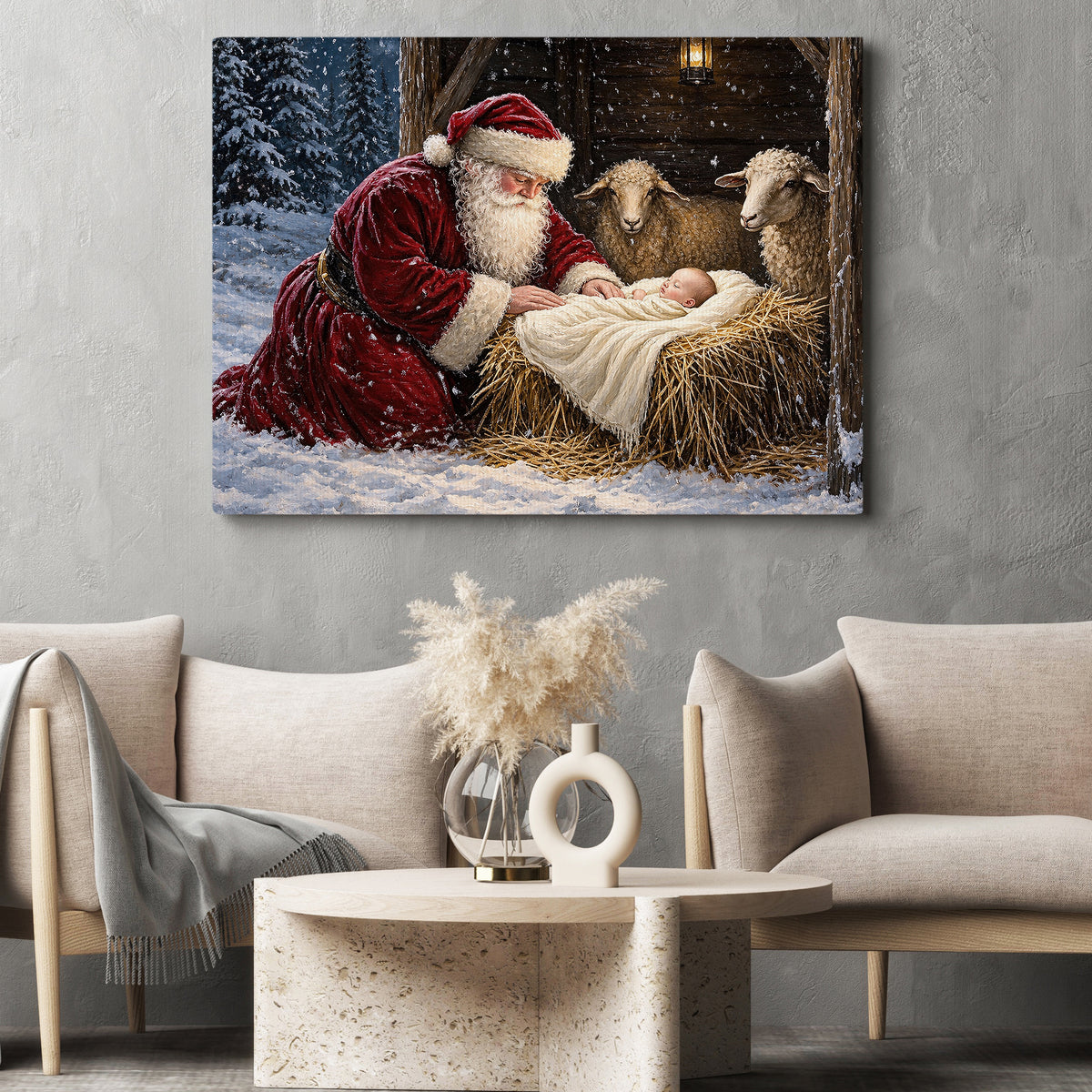 Christmas Nativity Manger Scene Canvas Painting, Santa Kneeling Before Baby Jesus Christmas Wall Art Decor, Xmas Poster Gift