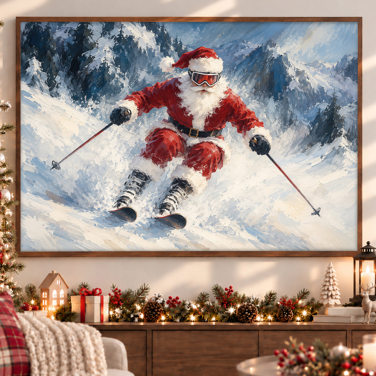 Christmas Santa Claus Skiing Canvas Painting, Santa Hits The Slopes Wall Art Decor, Xmas Poster Gift For Skiing Lover