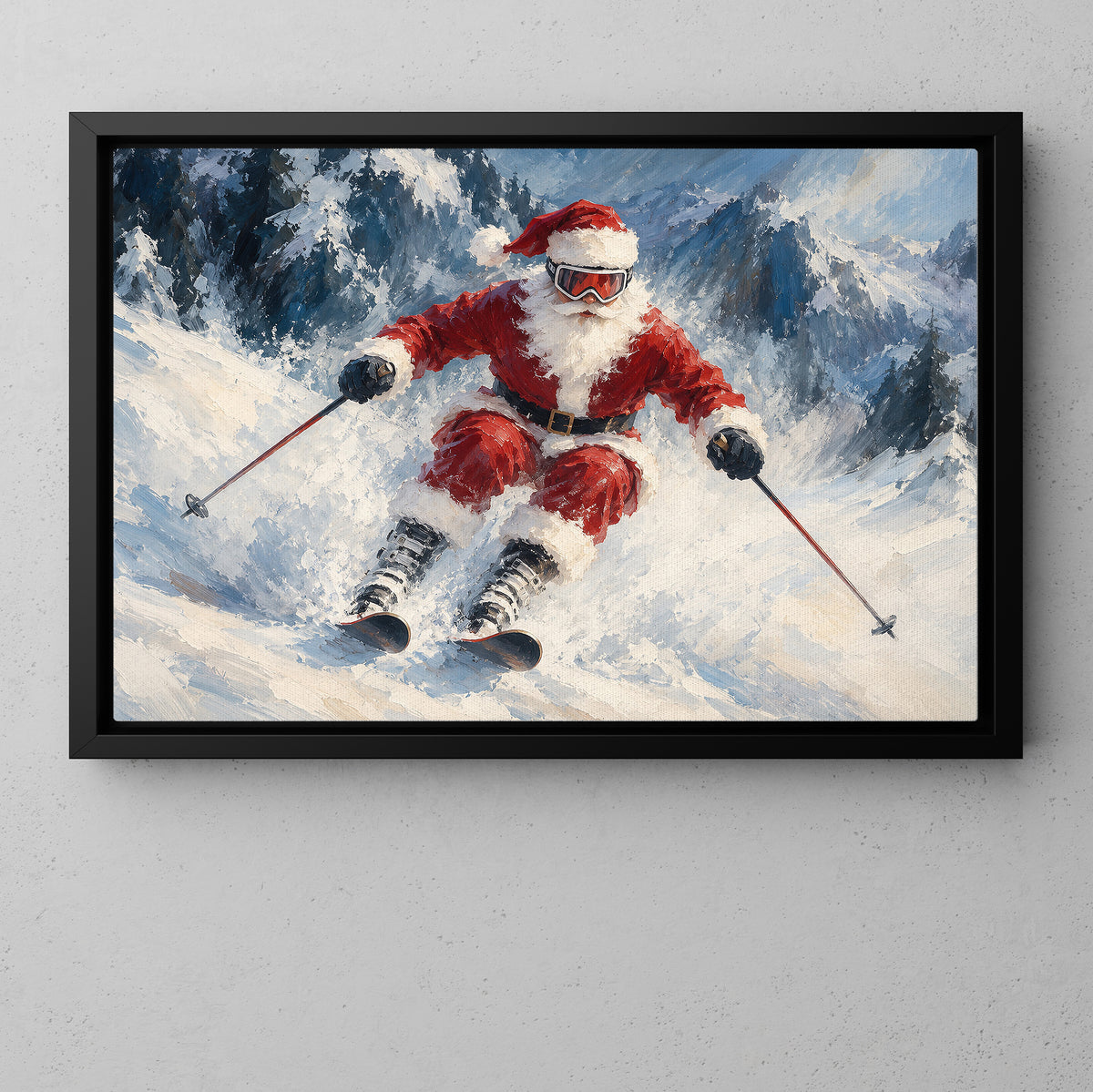 Christmas Santa Claus Skiing Canvas Painting, Santa Hits The Slopes Wall Art Decor, Xmas Poster Gift For Skiing Lover