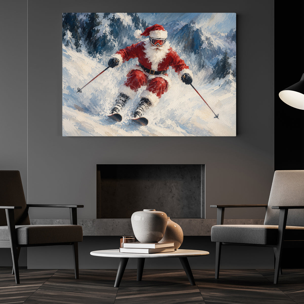 Christmas Santa Claus Skiing Canvas Painting, Santa Hits The Slopes Wall Art Decor, Xmas Poster Gift For Skiing Lover