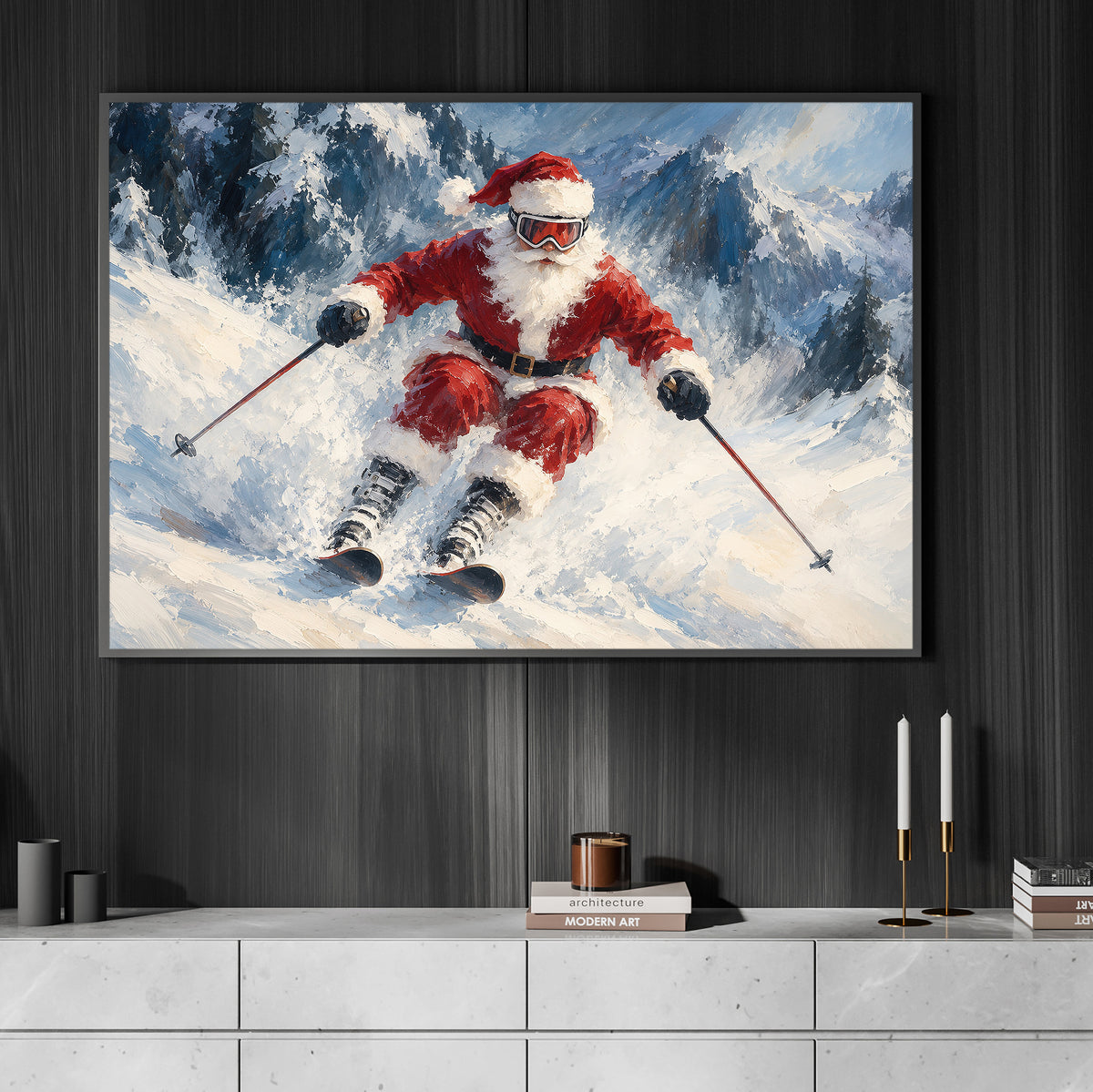 Christmas Santa Claus Skiing Canvas Painting, Santa Hits The Slopes Wall Art Decor, Xmas Poster Gift For Skiing Lover