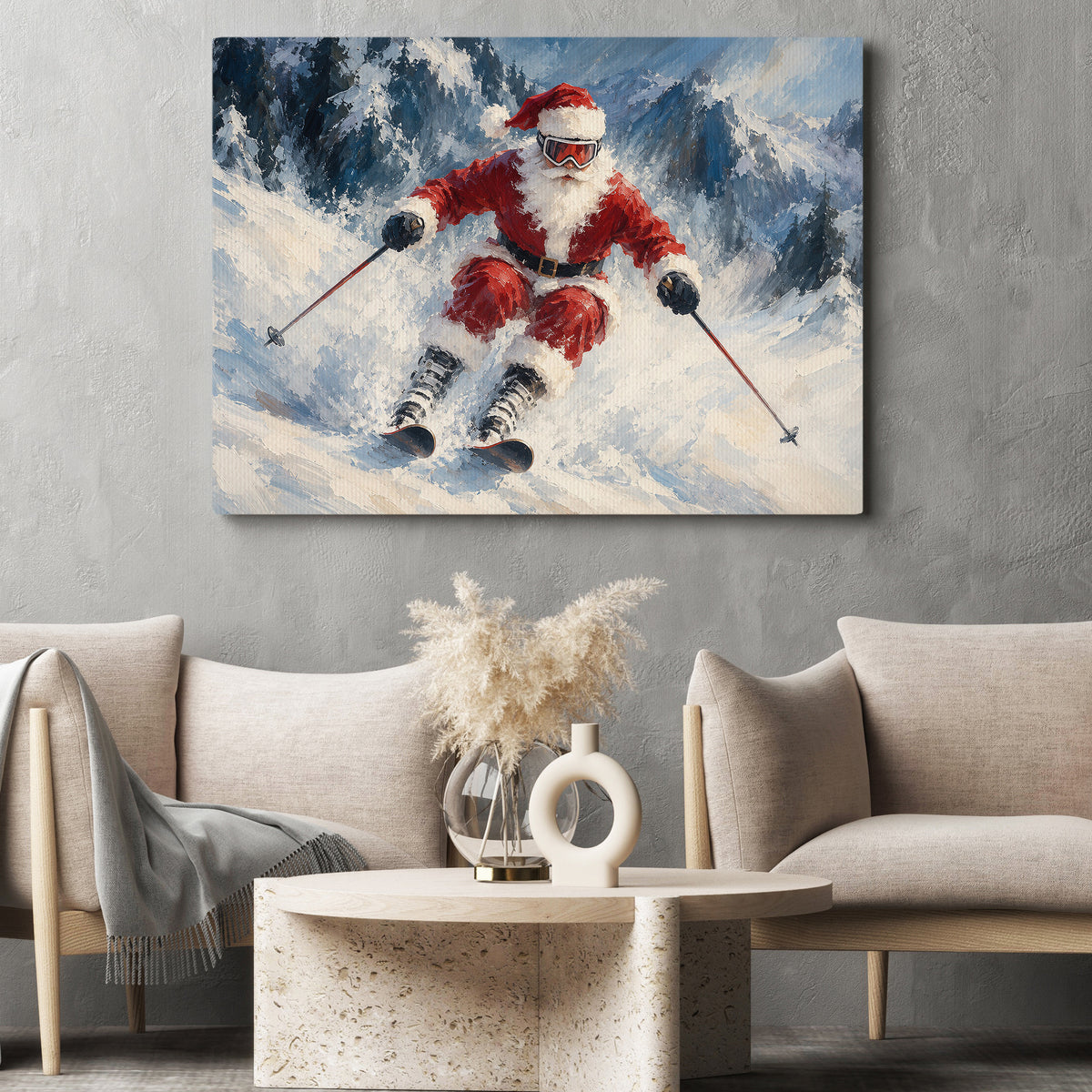 Christmas Santa Claus Skiing Canvas Painting, Santa Hits The Slopes Wall Art Decor, Xmas Poster Gift For Skiing Lover