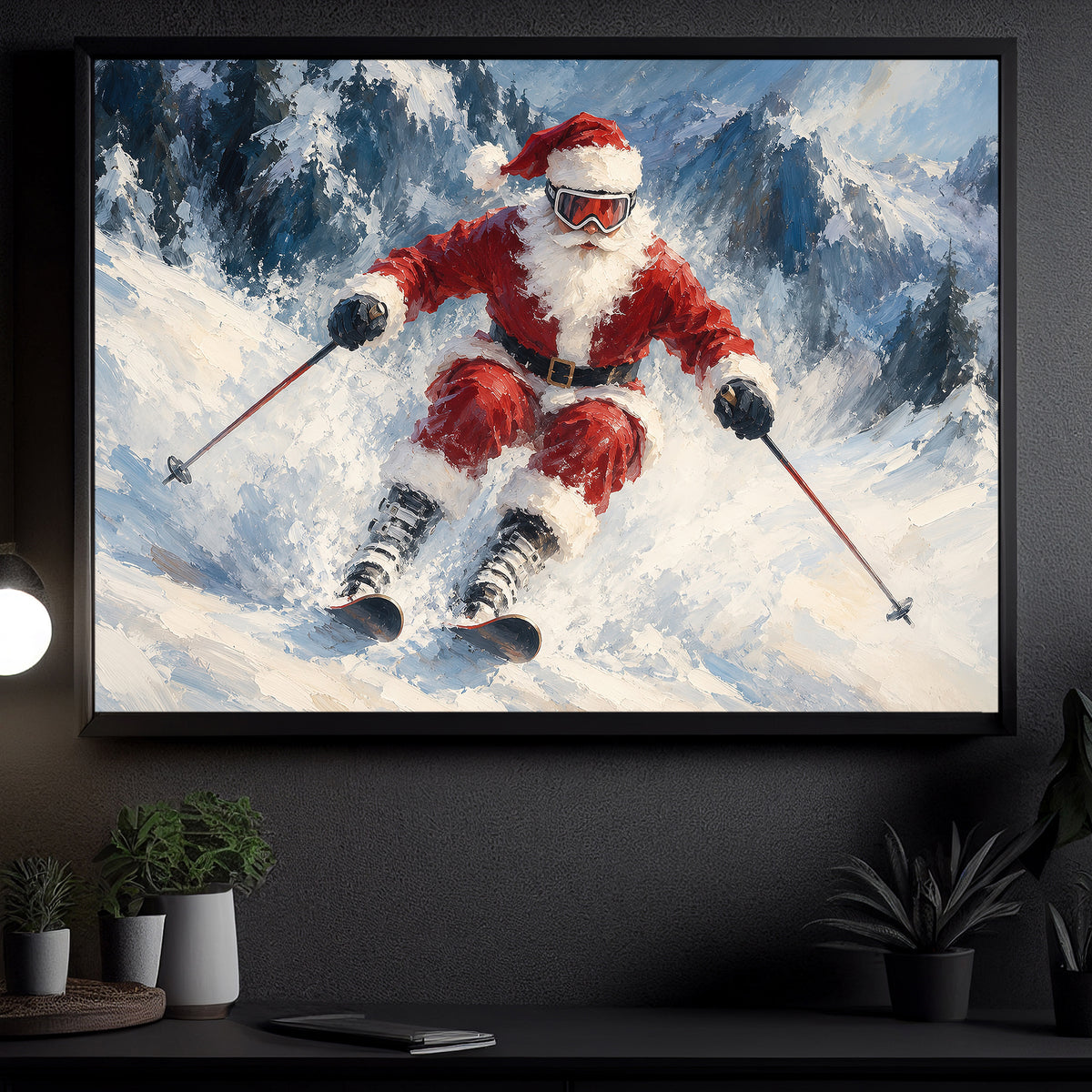 Christmas Santa Claus Skiing Canvas Painting, Santa Hits The Slopes Wall Art Decor, Xmas Poster Gift For Skiing Lover