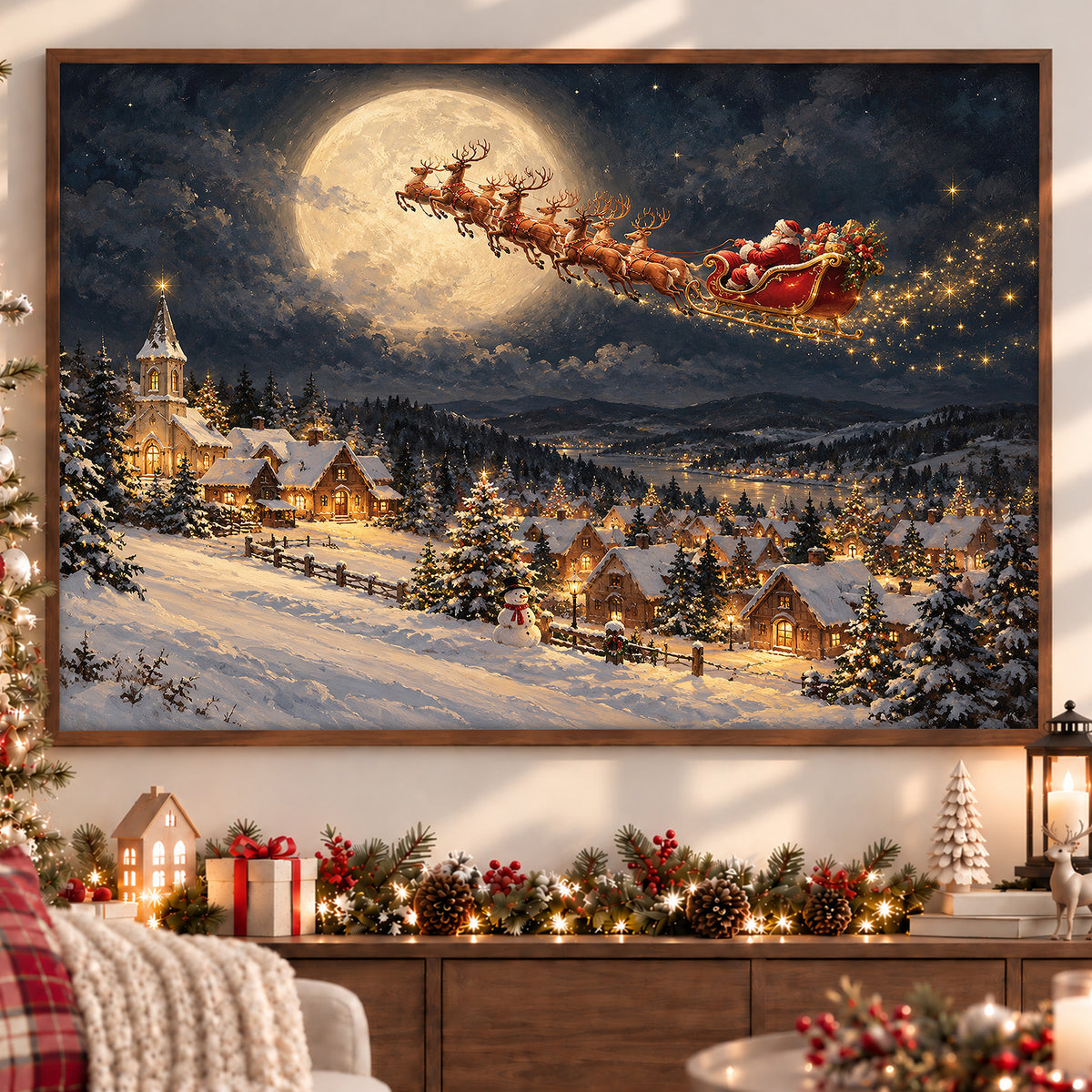 Santa Claus Sleigh Christmas Canvas Painting, Reindeer Flying Over Snowy Village Wall Art Decor, Xmas Poster Gift To Decor House Or Office
