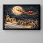 Santa Claus Sleigh Christmas Canvas Painting, Reindeer Flying Over Snowy Village Wall Art Decor, Xmas Poster Gift To Decor House Or Office
