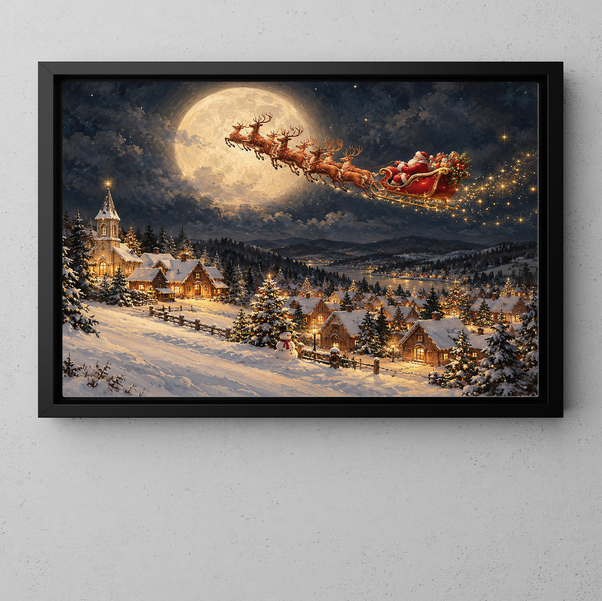 Santa Claus Sleigh Christmas Canvas Painting, Reindeer Flying Over Snowy Village Wall Art Decor, Xmas Poster Gift To Decor House Or Office