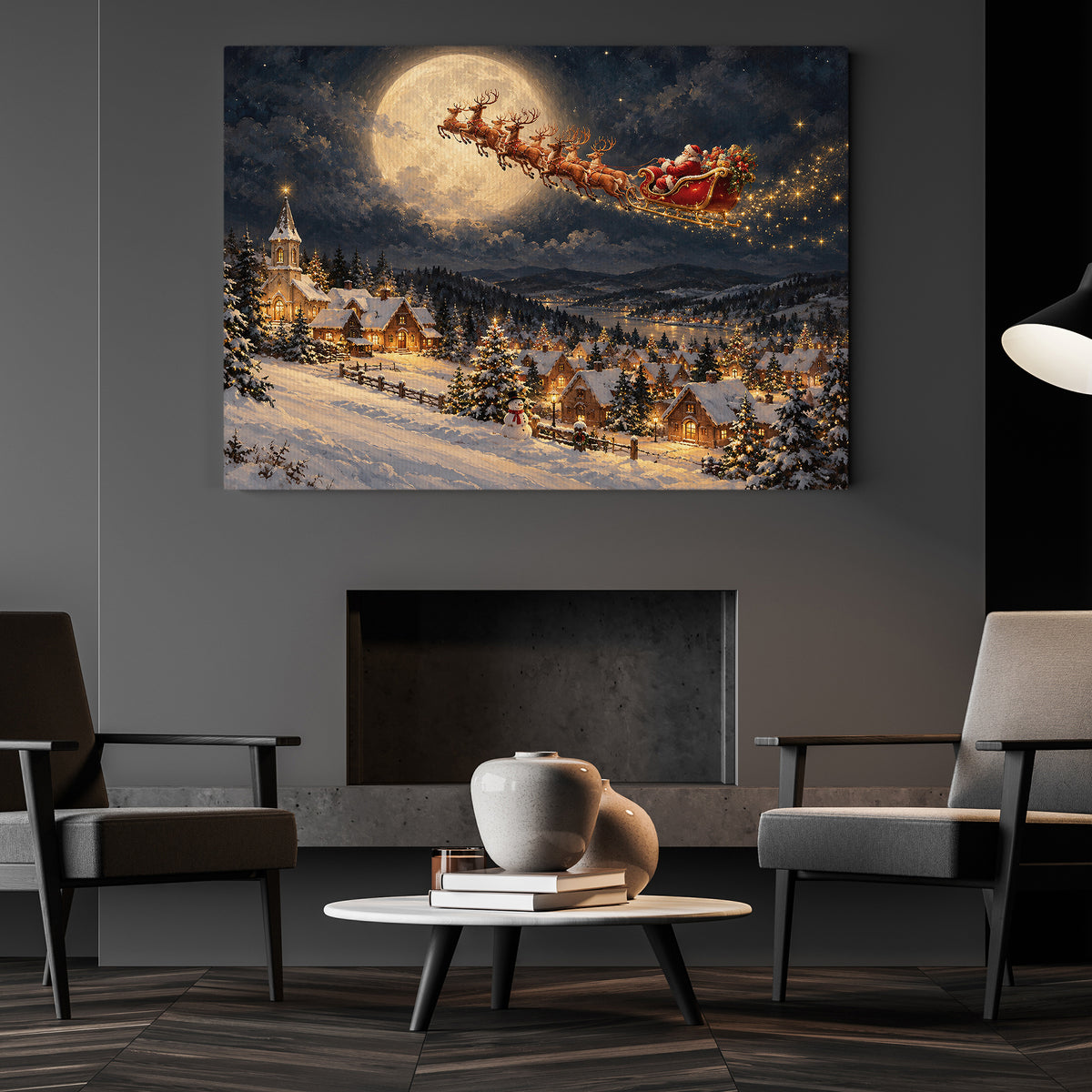 Santa Claus Sleigh Christmas Canvas Painting, Reindeer Flying Over Snowy Village Wall Art Decor, Xmas Poster Gift To Decor House Or Office