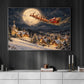 Santa Claus Sleigh Christmas Canvas Painting, Reindeer Flying Over Snowy Village Wall Art Decor, Xmas Poster Gift To Decor House Or Office