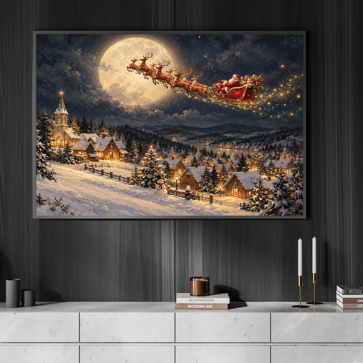 Santa Claus Sleigh Christmas Canvas Painting, Reindeer Flying Over Snowy Village Wall Art Decor, Xmas Poster Gift To Decor House Or Office