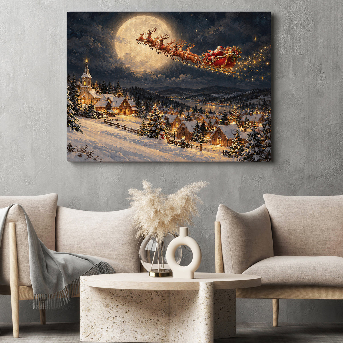 Santa Claus Sleigh Christmas Canvas Painting, Reindeer Flying Over Snowy Village Wall Art Decor, Xmas Poster Gift To Decor House Or Office