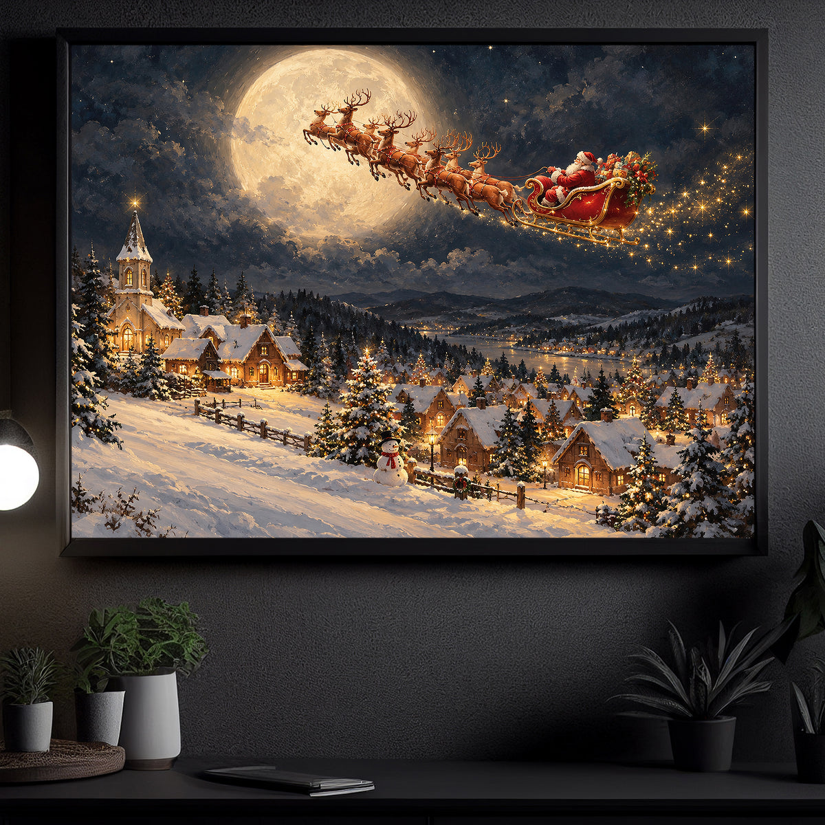 Santa Claus Sleigh Christmas Canvas Painting, Reindeer Flying Over Snowy Village Wall Art Decor, Xmas Poster Gift To Decor House Or Office