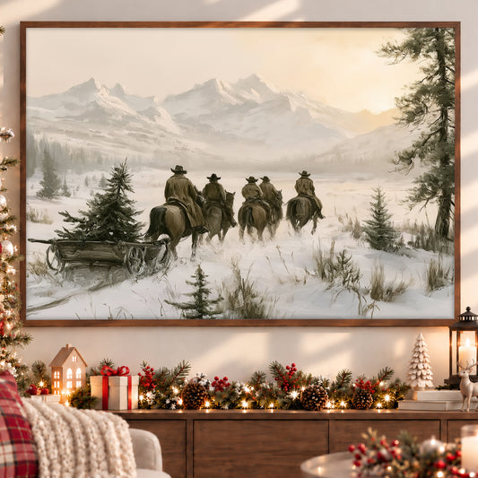 Western Christmas Cowboy Canvas Painting, Cowboys Riding Horses Through Snowy Mountains Wall Art Decor, Xmas Poster Gift For Cowboys