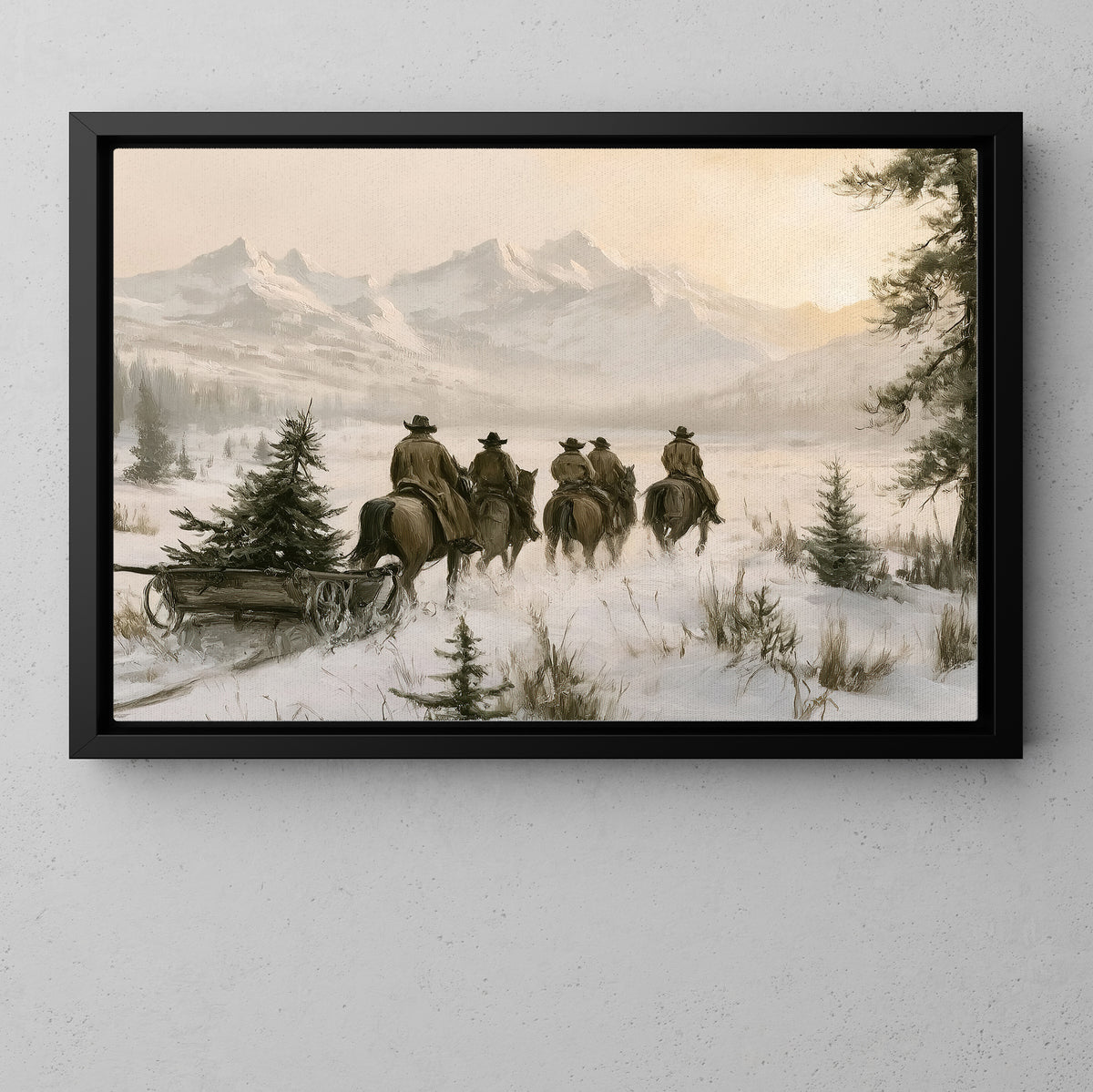 Western Christmas Cowboy Canvas Painting, Cowboys Riding Horses Through Snowy Mountains Wall Art Decor, Xmas Poster Gift For Cowboys