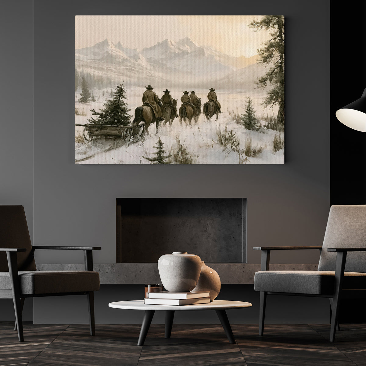 Western Christmas Cowboy Canvas Painting, Cowboys Riding Horses Through Snowy Mountains Wall Art Decor, Xmas Poster Gift For Cowboys
