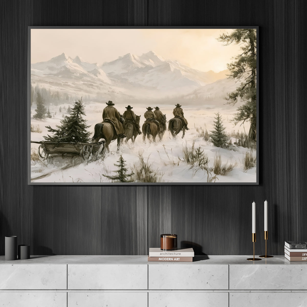 Western Christmas Cowboy Canvas Painting, Cowboys Riding Horses Through Snowy Mountains Wall Art Decor, Xmas Poster Gift For Cowboys