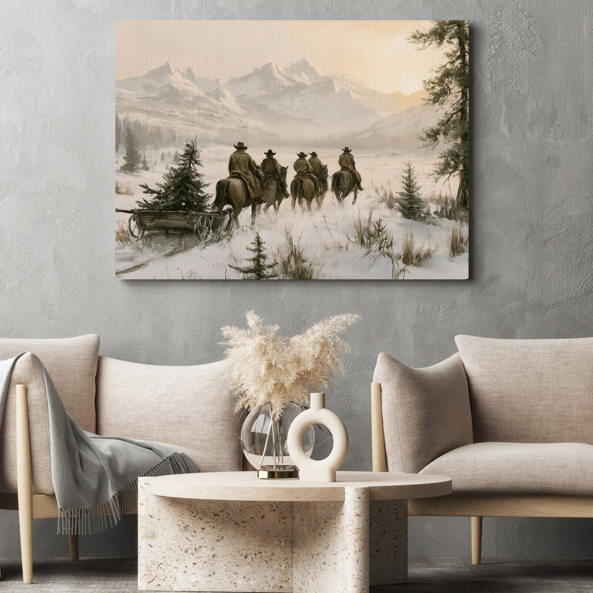 Western Christmas Cowboy Canvas Painting, Cowboys Riding Horses Through Snowy Mountains Wall Art Decor, Xmas Poster Gift For Cowboys