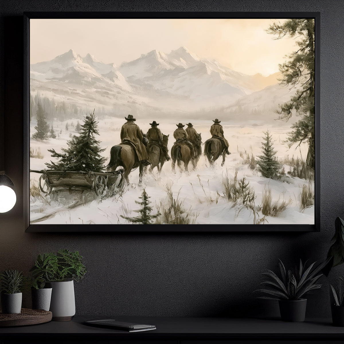 Western Christmas Cowboy Canvas Painting, Cowboys Riding Horses Through Snowy Mountains Wall Art Decor, Xmas Poster Gift For Cowboys