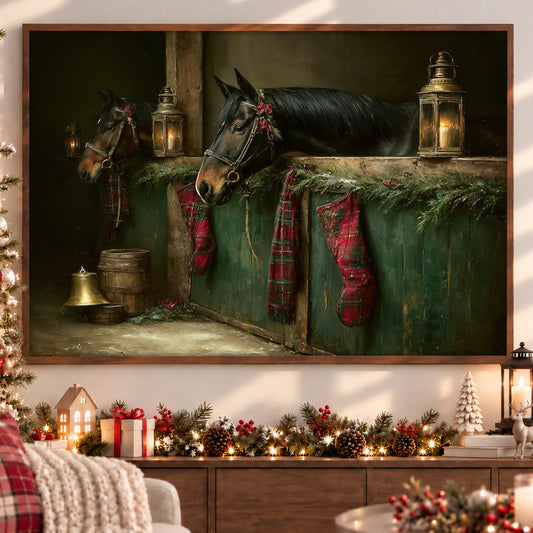 Christmas Horse Canvas Painting, Horses In Barn With Red Plaid Stockings Wall Art Decor, Xmas Poster Gift For Equestrian Horse Lover