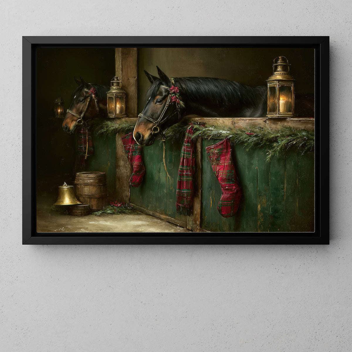 Christmas Horse Canvas Painting, Horses In Barn With Red Plaid Stockings Wall Art Decor, Xmas Poster Gift For Equestrian Horse Lover