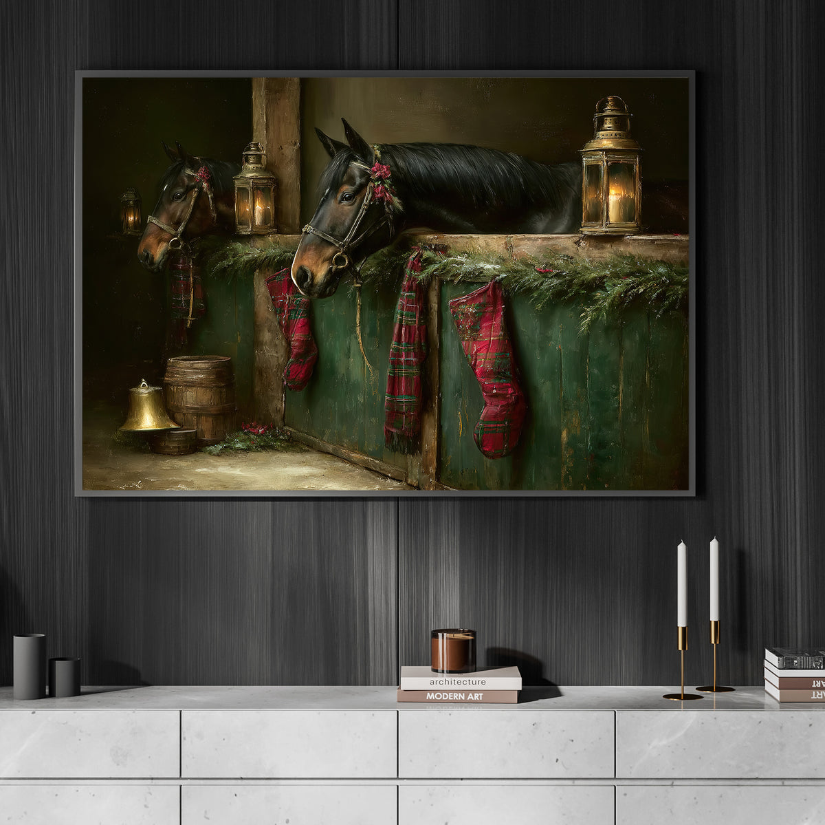 Christmas Horse Canvas Painting, Horses In Barn With Red Plaid Stockings Wall Art Decor, Xmas Poster Gift For Equestrian Horse Lover