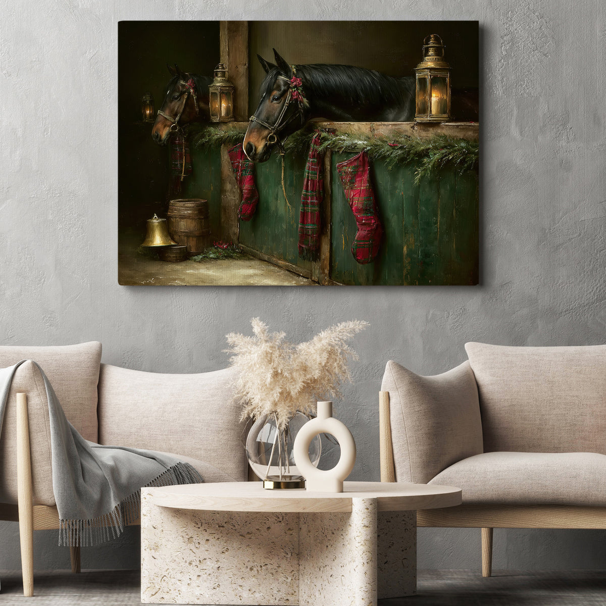 Christmas Horse Canvas Painting, Horses In Barn With Red Plaid Stockings Wall Art Decor, Xmas Poster Gift For Equestrian Horse Lover