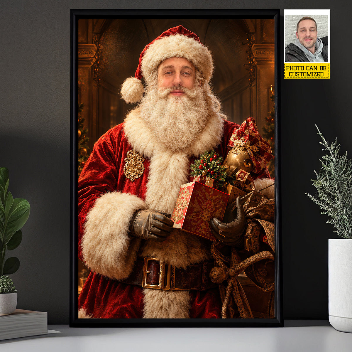Personalized Santa Claus Canvas Painting, Custom Face Christmas Portrait Wall Art Decor, Xmas Poster Gift