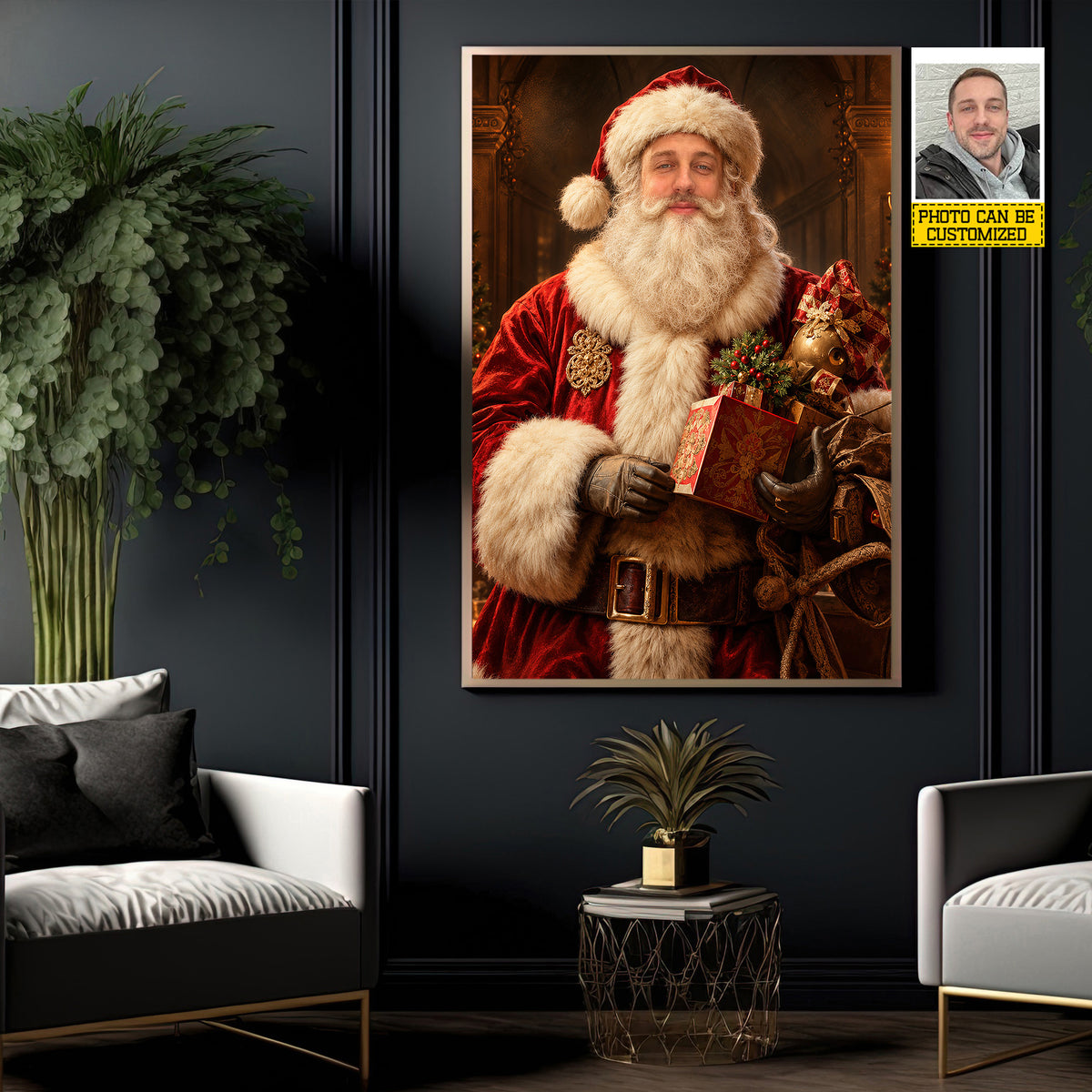 Personalized Santa Claus Canvas Painting, Custom Face Christmas Portrait Wall Art Decor, Xmas Poster Gift