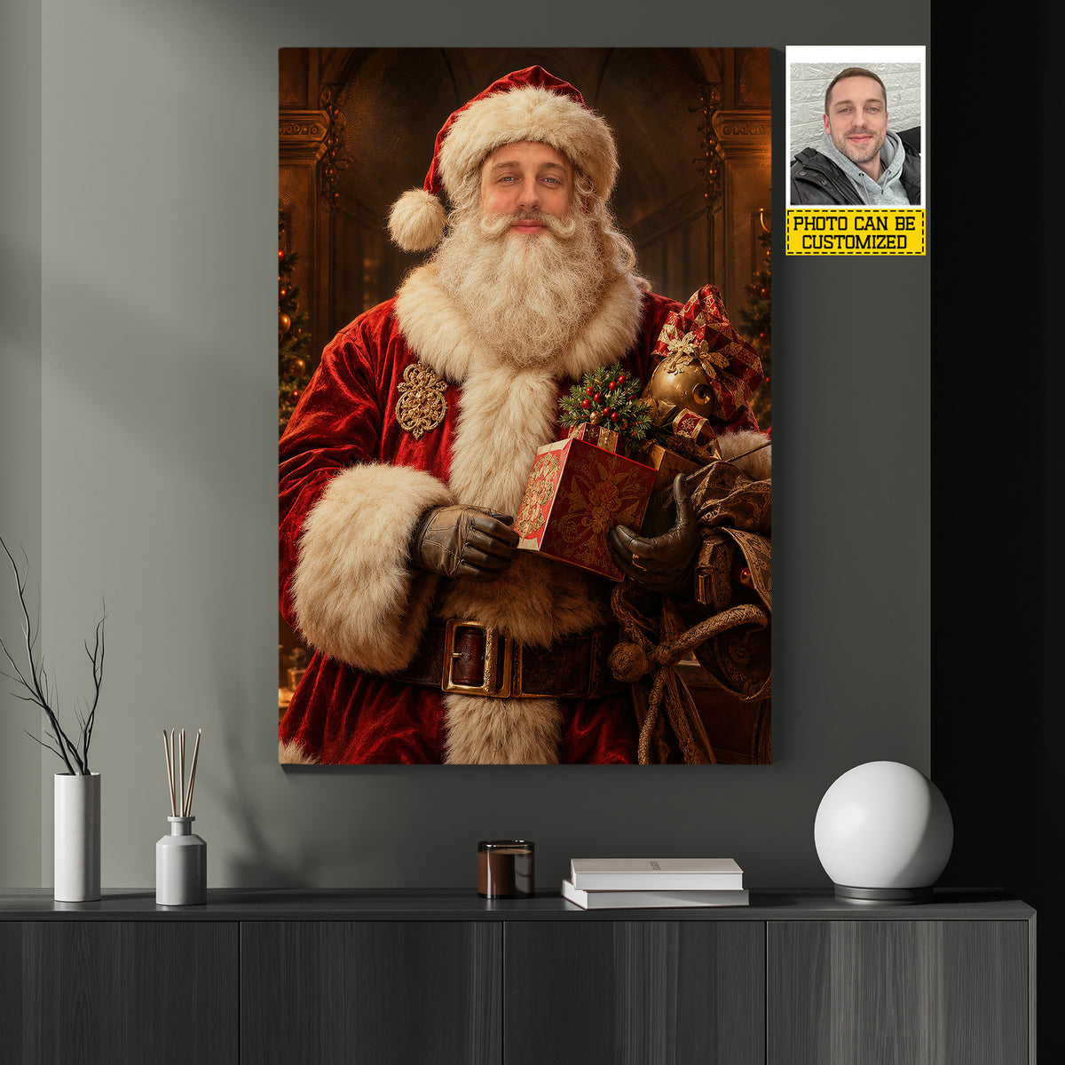 Personalized Santa Claus Canvas Painting, Custom Face Christmas Portrait Wall Art Decor, Xmas Poster Gift