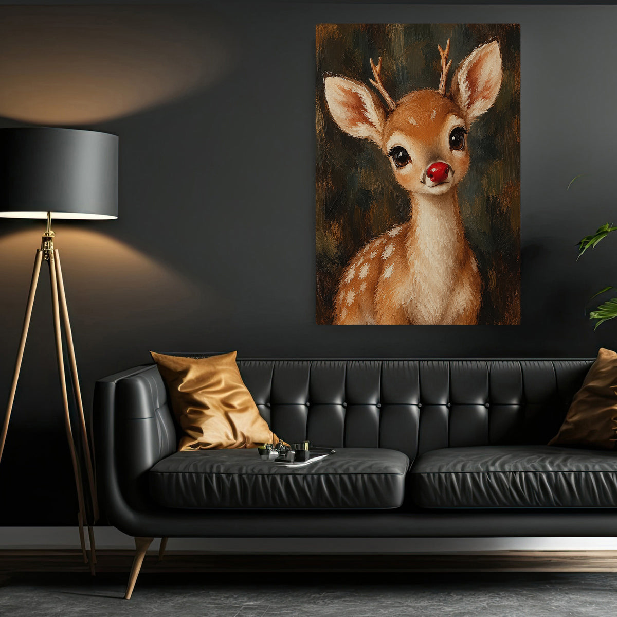 Christmas Rudolph Reindeer Canvas Painting, Red Nose Baby Deer Wall Art Decor, Xmas Poster Gift For Reindeer Lover