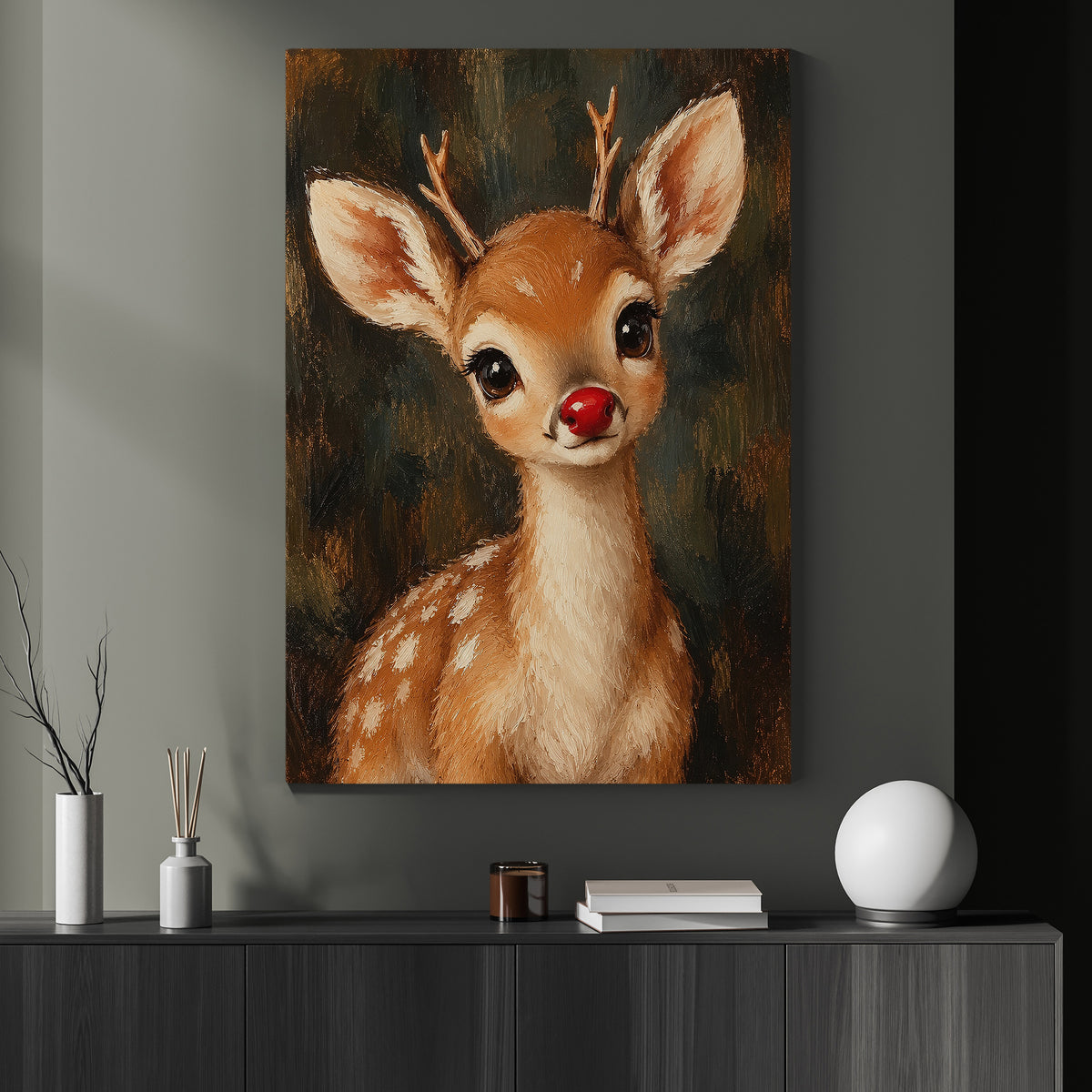 Christmas Rudolph Reindeer Canvas Painting, Red Nose Baby Deer Wall Art Decor, Xmas Poster Gift For Reindeer Lover