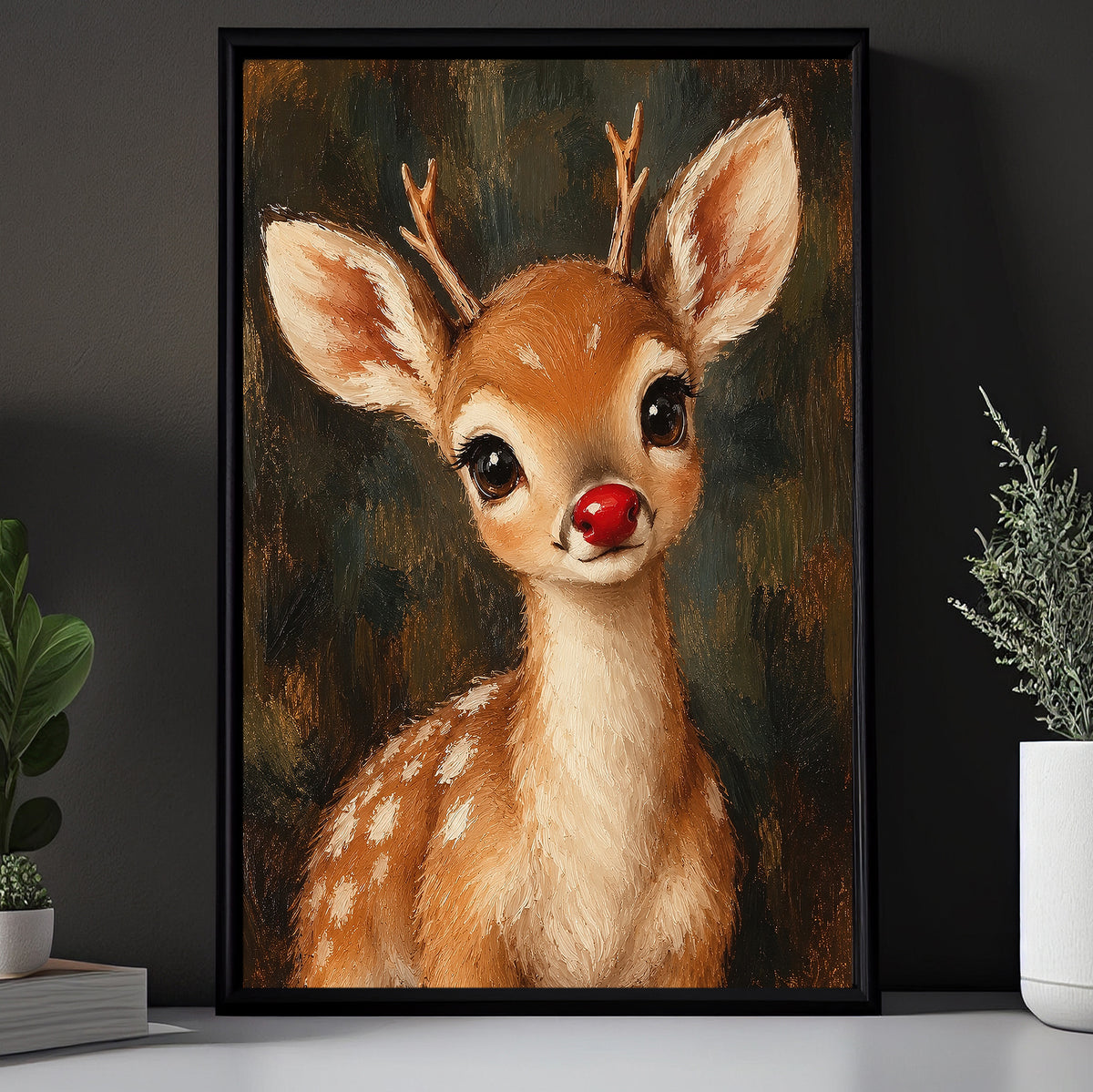 Christmas Rudolph Reindeer Canvas Painting, Red Nose Baby Deer Wall Art Decor, Xmas Poster Gift For Reindeer Lover