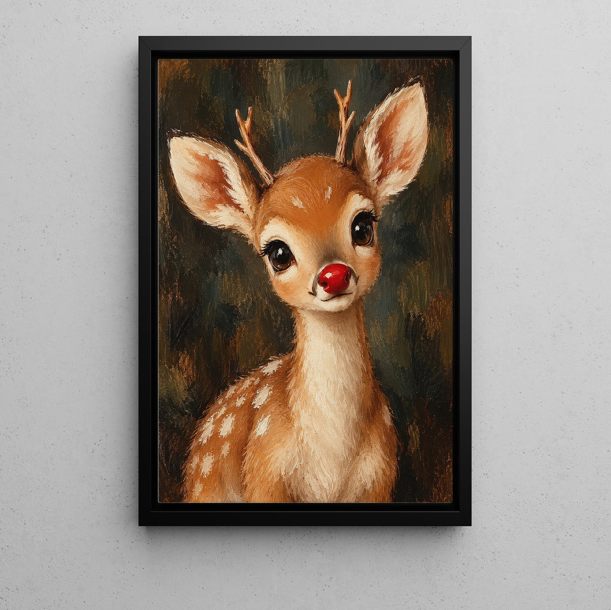 Christmas Rudolph Reindeer Canvas Painting, Red Nose Baby Deer Wall Art Decor, Xmas Poster Gift For Reindeer Lover